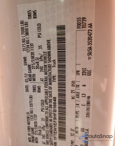 2017 Ford F150 Supercrew from USA, damaged, VIN 1FTEW1EF5HFB16648